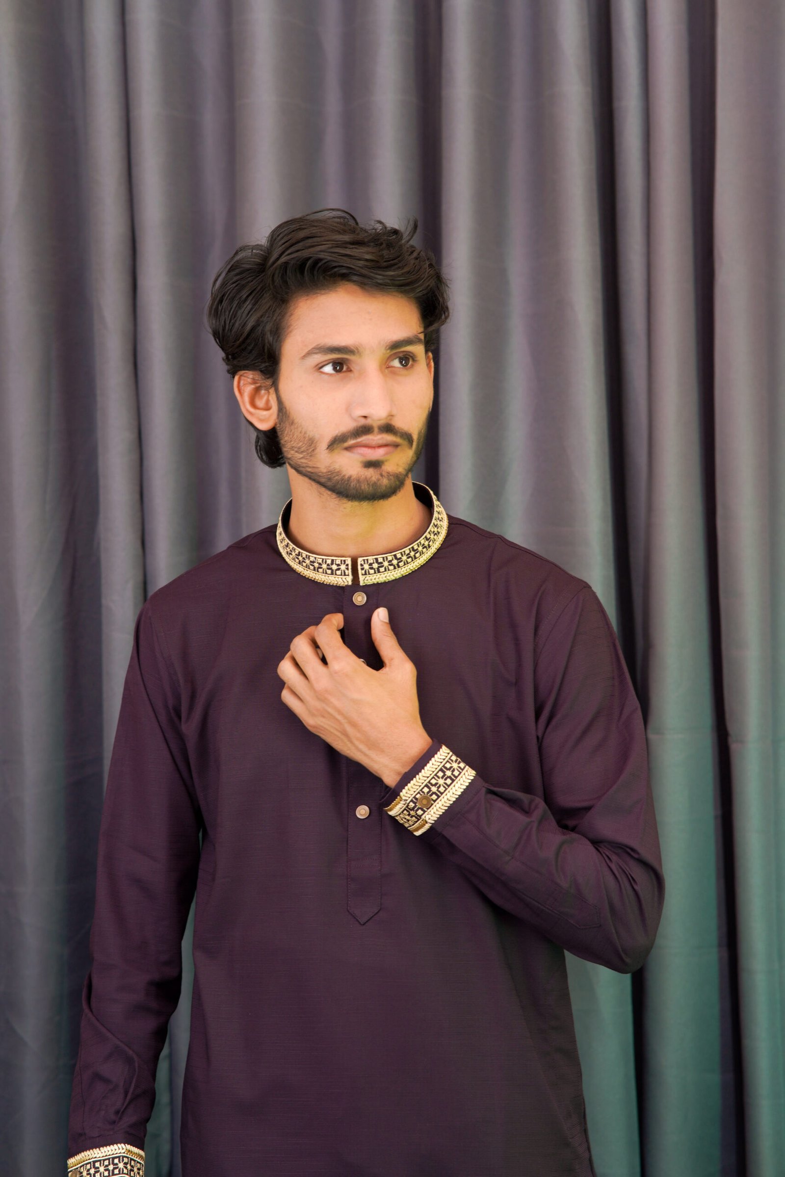 IMG_2274 Premium Magnet Fabric Panjabi with Elegant Embroidery Deep Purple - Image 1