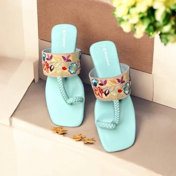 Sky Blue Kolhapuri Flats with Bold Multicolor Floral Embroidery – Fresh, Fun & Fabulous