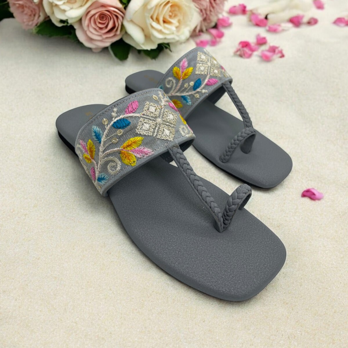 Grey Kolhapuri Flats with Multicolor Leaf Embroidery – A Touch of Tradition with a Pop of Color - Image 1