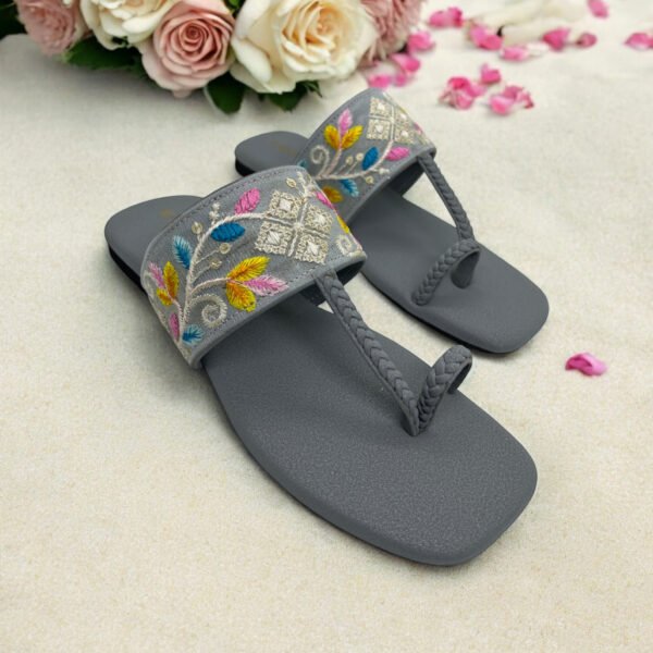 Grey Kolhapuri Flats with Multicolor Leaf Embroidery – A Touch of Tradition with a Pop of Color
