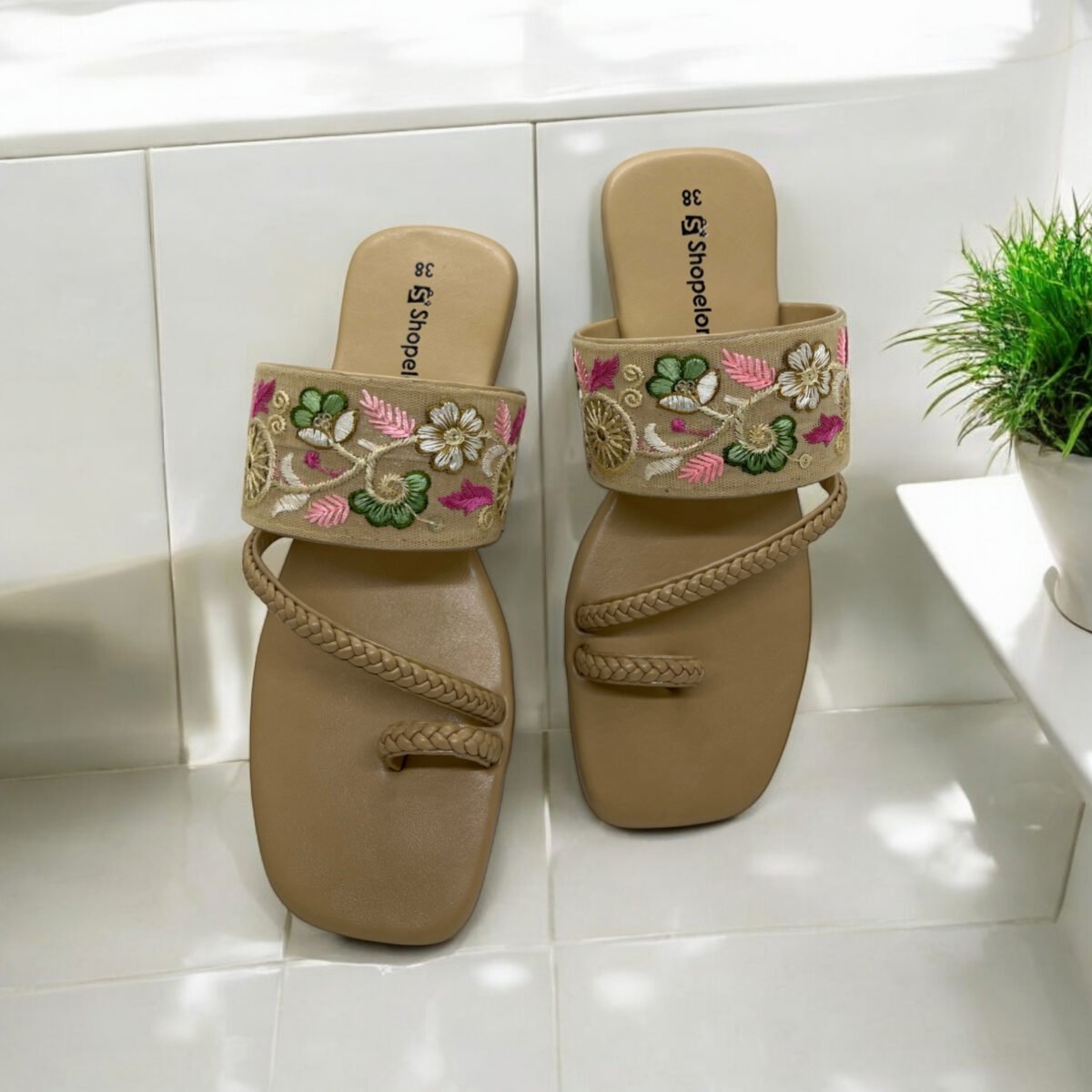 Beige Kolhapuri Flats with Pastel Floral Embroidery – Subtle, Stylish & Statement-Making - Image 1