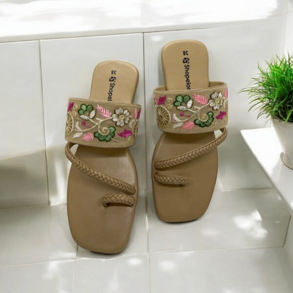 Beige Kolhapuri Flats with Pastel Floral Embroidery – Subtle, Stylish & Statement-Making