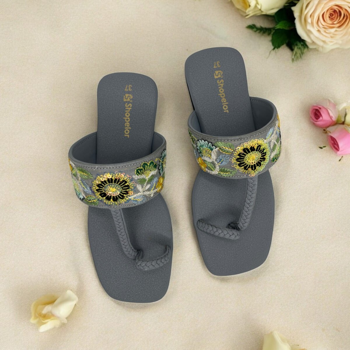 Elegant Grey Kolhapuri Flats with Yellow Floral Embroidery – Grace Meets Comfort - Image 1