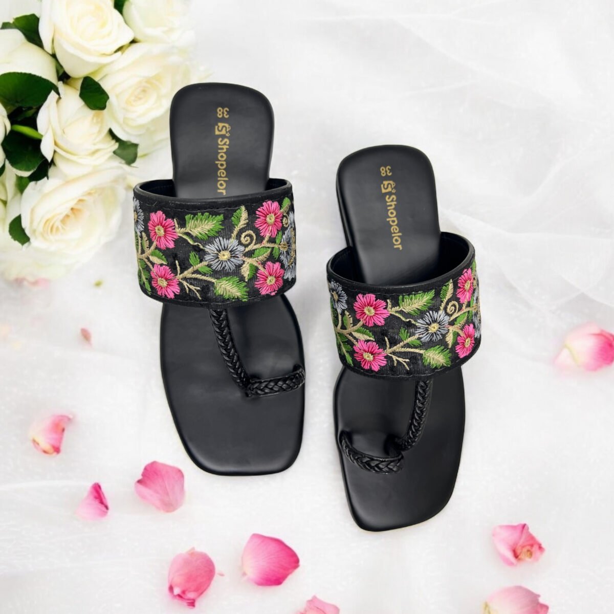 Floral Embroidered Black Kolhapuri Flats – Elegant Comfort for Every Step - Image 1